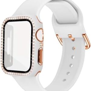 Compatible with Apple Watch Band and Case 38mm 40mm 41mm 42mm 44mm 45mm Women, Soft Silicone Bands and Bling Diamond Case & Glass Screen Protector for iWatch Series 9 8 7 6 5 4 3 2 1 and SE