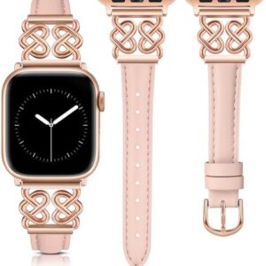 TOYOUTHS Leather Band Compatible with Apple Watch Bands Women 38/40/41/42/44/45/46/49mm Dressy Slim Leather Strap with Designer Heart Knot Buckle for iWatch Series 10/9/Ultra/SE/8/7/6/5/SE/4/3/2/1