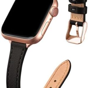 STIROLL Slim Leather Bands Compatible with Apple Watch Band 38mm 40mm 41mm 42mm 44mm 45mm 46mm 49mm, Top Grain Leather Watch Thin Wristband for iWatch Ultra SE Series 10/9/8/7/6/5/4/3/2/1