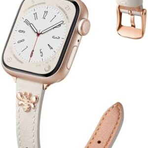 Adorve Slim Leather Band Compatible with Apple Watch Bands for Women 40mm 41mm 38mm 42mm 44mm 45mm 46mm, Top Grain Genuine Soft Leather Band with Charms for iWatch Bands Series SE 10 9 8 7 6 5 4 3 2 1