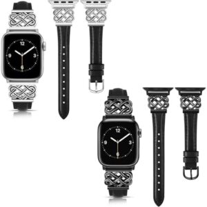TOYOUTHS Compatible with Apple Watch Leather Band with Designer Buckle for Women Premium Leather Strap for iWatch Series 10/9/8/7/6/5/SE/4/3/2/1 38mm/40mm/41mm/42mm (Series 10), Black+Sliver