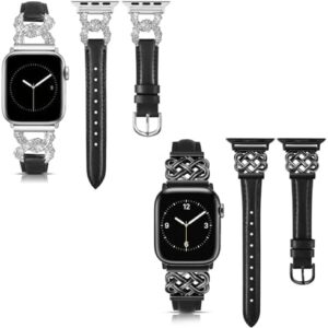 TOYOUTHS Compatible with Apple Watch Leather Band with Designer Buckle for Women Premium Leather Strap Fits iWatch Series 10/9/8/7/6/5/SE/4/3/2/1 49mm/46mm/45mm/44mm/42mm (Series 3), Black+Sliver