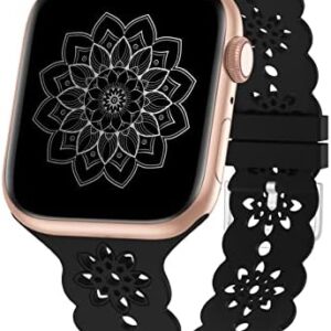 Floral Silicone Band Compatible with Apple Watch Bands 38mm 40mm 42mm 44mm 41mm 45mm 49mm Women Men, Slim Hollow-Out Design Wristbands Soft Sport Breathable Watch Bands for iWatch Ultra SE Series 9/8/7/6/5/4/3/2/1