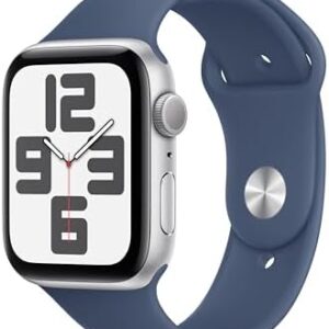 Apple Watch SE (2nd Gen) [GPS 44mm] Smartwatch with Silver Aluminum Case with Denim Sport Band M/L. Fitness and Sleep Trackers, Crash Detection, Heart Rate Monitor, Retina Display