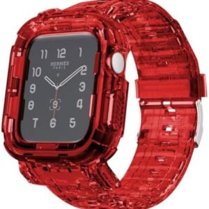 Updated Large Wrists Compatible for Apple Watch Bands Case 45mm 41mm 44mm 42mm 40mm 38mm, Crystal Clear Transparent integrated Bumper Sports Wristband Strap iWatch Series 9 8 7 6 SE 5 4 3 2 1