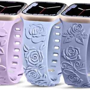 TOYOUTHS 3-Pack Floral Engraved Band Compatible with Apple Watch Bands Women 38/40/41/42/44/45/46/49mm Soft Silicone Dressy Cute Rose Embossed Strap for iWatch Series 10/9/8/7/6/5/4/3/2/1/SE/Ultra