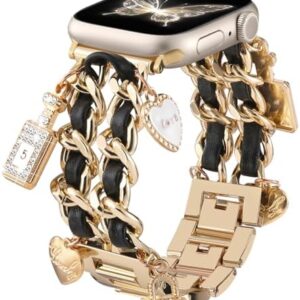Stylish Metal Band Compatible with Apple Watch Bands for Women 40mm 38mm 41mm 44mm 42mm 45mm 46mm,Pretty Chain Strap with Apple Watch Accessories Charms for iWatch Bands Series 10 9 8 7 6 5 4 3 2 1 SE