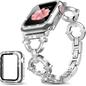 Mesime Compatible with Apple Watch Band 38mm 40mm 41mm 42mm 44mm 45mm 46mm, Women Bling Jewelry Bands with Tempered Glass Screen Protector Case, Shiny Strap for iWatch Series 10/9/8/7/6/5/4/3/2/1/SE