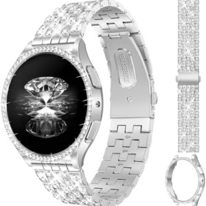 JR.DM Diamond Bands with Bling Case Women ONLY Compatible with Samsung Galaxy Watch 7/6 40mm 44mm, 20mm watch band with Protective Cover Bumper Silver Gold Luxury Metal Bracelet Replacement Strap