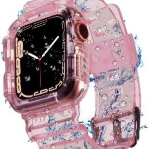 Blingbrione Clear Band with Case Compatible Apple Watch 45mm 38mm 40mm 41mm 42mm 44mm Women Men,Silicone Jelly Transparent Soft Soprt Strap with Cover Protecotr for iWatch Series 9 8 7 6 5 4 3 2 1 SE Blue Pink Green Orange