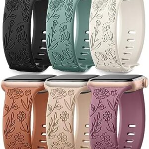 SNBLK 6 Pack Floral Engraved Bands Compatible with Apple Watch Bands for Women & Men, Soft Silicone Cute Flower Pattern Sport Strap for iWatch Series 1-10, Ultra, SE