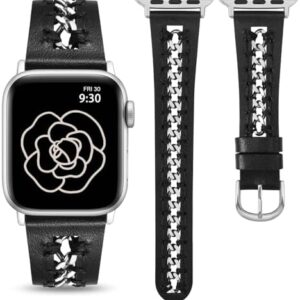 Minyee Leather Band Compatible with Apple Watch Bands 38/40/41/42/44/45/46/49mm Women,Dressy Premium Leather Strap with Stainless Steel Metal Chain for iWatch Ultra 2 Series 10/9/8/7/6/5/4/3/2/1/SE