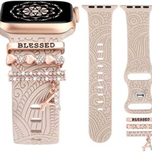 Decorative Rings Loops Compatible with Apple Watch Band Charms 42mm 41mm 40mm 38mm 44mm 45mm 46mm 49mm Women, Boho Engraved Pretty Strap Accessories for iWatch Series 10 9 Ultra SE 8 7 6 5 4 3 2 1