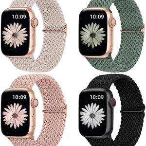 DaQin 4 Pack Braided Solo Loop Compatible with Apple Watch Band 38mm 40mm 41mm 42mm 44mm 45mm 46mm 49mm for Women Men, Stretchy Soft Nylon Strap for iWatch Series 10 9 8 7 6 5 4 3 2 1 SE Ultra/Ultra 2