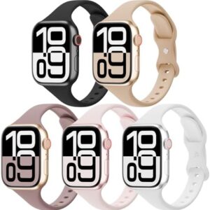 5 Pack Silicone Slim Bands Compatible with Apple Watch Band 38mm 42mm 40mm 44mm 41mm 45mm 46mm 49mm, Soft Narrow Sport Strap Thin Wristband for iWatch Series 10/9/8/7/SE/6/5/4/3/2/1/Ultra Women Men