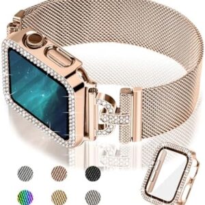 JOYOZY Magnetic Band Compatible with Apple Watch Band 38mm 40mm 41mm 42mm 44mm 45mm 46mm Milanese Strap with Bling Glitter Case Built-in Screen Protector Dressy Stainless Steel iWatch Loop for Women