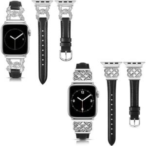 TOYOUTHS Compatible with Apple Watch Leather Band with Designer Buckle for Women Premium Leather Strap for iWatch Series 10/9/8/7/6/5/SE/4/3/2/1 38mm/40mm/41mm/42mm (Series 10), Black & Silver
