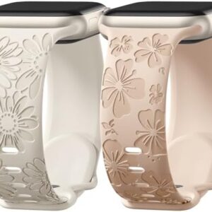 Easuny 2 Pack Floral Engraved Bands Compatible with Apple Watch Bands for Women 40mm 41mm 38mm 42mm 44mm 45mm 46mm 49mm, Soft Silicone Cute Flower Design Sport Strap for iWatch Series 10-1 SE Ultra 2