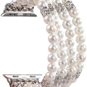 GEMEK Compatible with Apple Watch Band 38/40/41/42/44/45/49mm Women iWatch Bands Series 9/8/7/6/5/4/3/2/1, Handmade Beaded Elastic Stretch Pearl Bracelet Replacement Strap for Women Wristband