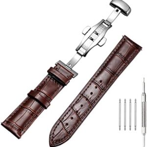 Genuine Calfskin Leather Watch Band,Alligator Grain Deployment Butterfly Buckle Replacement Strap for Men Women 18mm 20mm 22mm 24mm