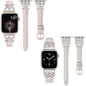 TOYOUTHS Leather Band Compatible with Apple Watch Bands 38mm/40mm/41mm/42mm(Series 10) Women, Slim Leather Strap with Dressy Interlock Buckle Bracelet iWatch Series 10/9/8/7/6/5/SE/4/3/2/1, Starlight