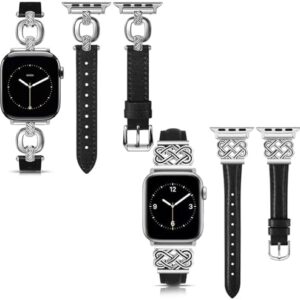 TOYOUTHS Compatible with Apple Watch Leather Band with Designer Buckle for Women Premium Leather Strap Fits iWatch Series 10/9/8/7/6/5/SE/4/3/2/1 38mm/40mm/41mm/42mm (Series 10), Black & Silver