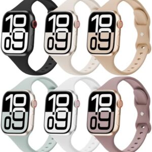 6 Pack Thin Bands Compatible with Apple Watch Band 38mm 40mm 41mm 42mm 44mm 45mm 46mm 49mm Women Men, Sport Silicone Strap Slim Wristband for iWatch Series 10 9 8 SE 7 6 5 4 3 2 1 Ultra