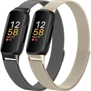 JKD Metal Bands Compatible with Fitbit Inspire 3 Bands for Women Men, Magnetic Soft Mesh Loop Strap Replacement for Fitbit Inspire 3 Fitness Tracker, Champagne Gold/Black