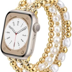 AIRSPO Gold Beaded Bracelets Compatible for Apple Watch Band 38mm 40mm 41mm 42mm 44mm 45mm Women, Fashion Handmade Dressy iPhone Watch Bands Elastic Strap for iWatch Series SE 8 7 6 5 4 3 2 1