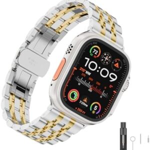 Solid Stainless Steel Band Compatible with Apple Watch 49mm 46mm 45mm 44mm 42mm 41mm 40mm 38mm, Metal Strap for iWatch Series Ultra/Ultra2/10/9/8/7/6/5/4/3/2/1 SE Women and Men