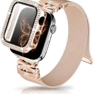 Magnetic Band for Women Compatible with Apple Watch Band 38mm 40mm 41mm 42mm 44mm 45mm 46mm Milanese Stainless Steel Loop with Bling Protective Case, Dressy Metal Strap Replacement iWatch Band